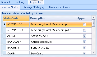 Machine generated alternative text:General Bookings Application Member Status Activity Category Members status affected by this rule Members Guests StatusCode Description P- HOE— —TemporaryHoteIMembershIv— -TEMP-HOTC BANQCASH BQGUEST Temporary Hotel Membership-C/O Actiue Member Outside Banquet Banquet Guest.