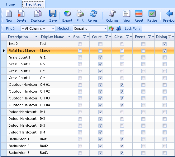 Machine generated alternative text:Home New F acilitiæ Delete Duplicate - All Columns Export Print Refresh Method Contains Columns View Reset Look For Resize Dining spa v v Description Grass Courtl Grass Court 2 Grass Court 3 Grass Court 4 Outdoor Hardcou Outdoor Hardcou Outdoor Hardcou Outdoor Hardcou Indoor Hardcourt Indoor Hardcourt Indoor Hardcourt Indoor Hardcourt Badminton I Badminton 2 Badminton 3 Display Name OH 01 OH 02 OH 03 OH 04 IHI IH2 IH3 IH4 Court Class V Event