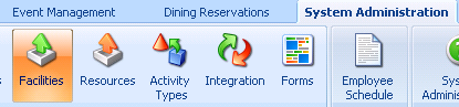 Machine generated alternative text:Event Management Dining Reservations System Administration acilities Resources Activity Employee Schedule Admini: Integration